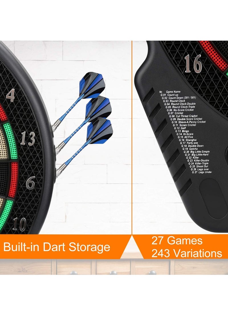 Electronic Dart Board Set with LED Scoreboard – 13.5” Large Target, 27 Games & 243 Variations, 16 Players, 12 Soft-Tip Darts + 100 Extra Tips – Perfect for Adults & Kids, Parties, Practice, Indoor & Outdoor Fun (Battery/AC Powered)