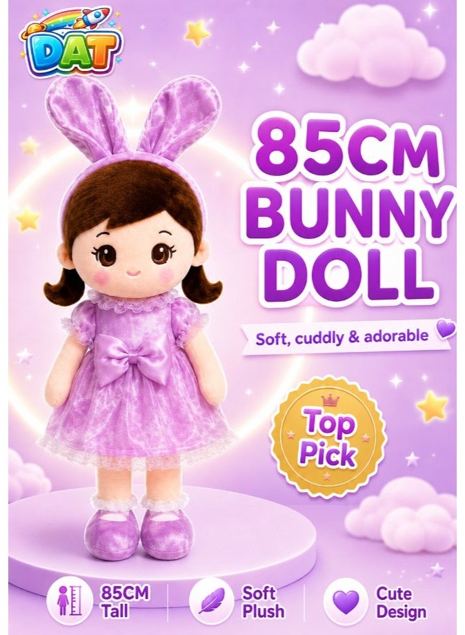 DAT Soft Plush Doll with Plaid Bunny Ears, Braided Hair & Pastel Dress 85cm – Pink, Purple, Blue - Image 1