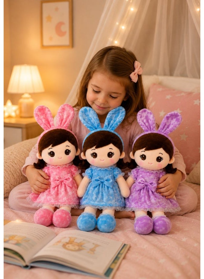 DAT Soft Plush Doll with Plaid Bunny Ears, Braided Hair & Pastel Dress 85cm – Pink, Purple, Blue - Image 3