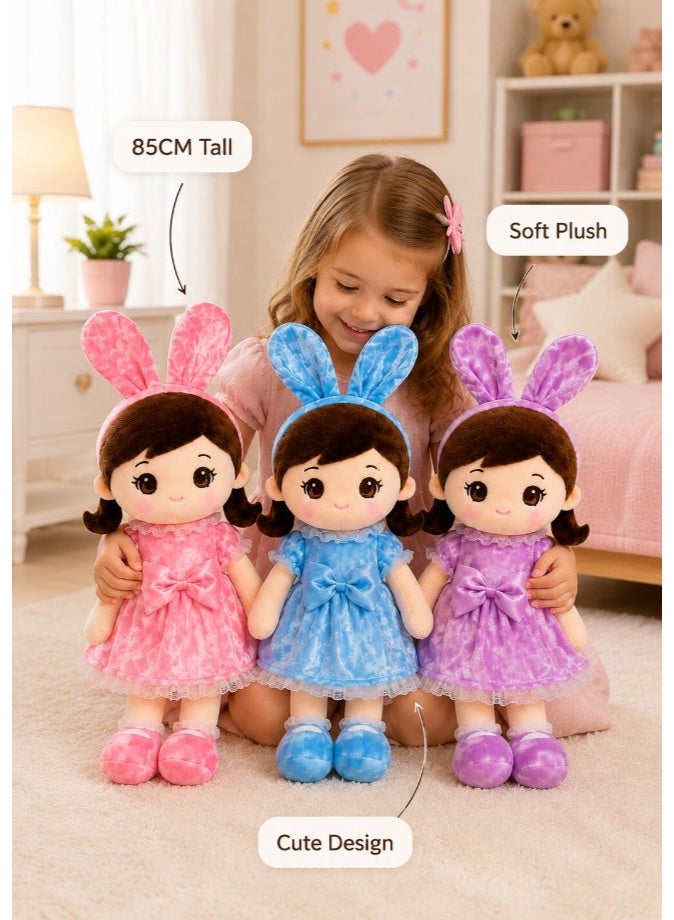 DAT Soft Plush Doll with Plaid Bunny Ears, Braided Hair & Pastel Dress 85cm – Pink, Purple, Blue - Image 5