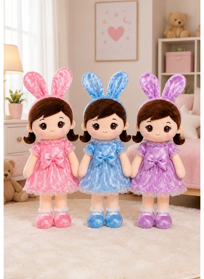 DAT Soft Plush Doll with Plaid Bunny Ears, Braided Hair & Pastel Dress 85cm – Pink, Purple, Blue - Image 2