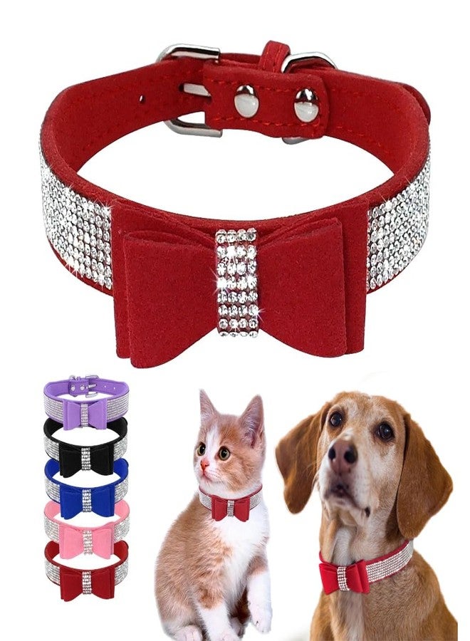 Weimostar Red Rhinestone Puppy Collar with Bow, Girl Bling Cat Collars Diamond Female Fancy Sparkly Jewelry Cute Adjustable for XXS XS Small Medium Male Boy Dog Pet Kitten Yorkie, X-Small - Image 1