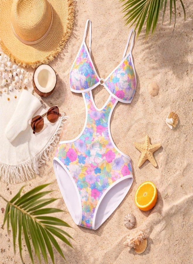 ZIBELL Floral Cutout One-Piece Swimsuit, Multicolor, Quick-Drying, Adjustable Straps, for Beach and Poolside (in, Alpha, L, Regular, Floral) - Image 3