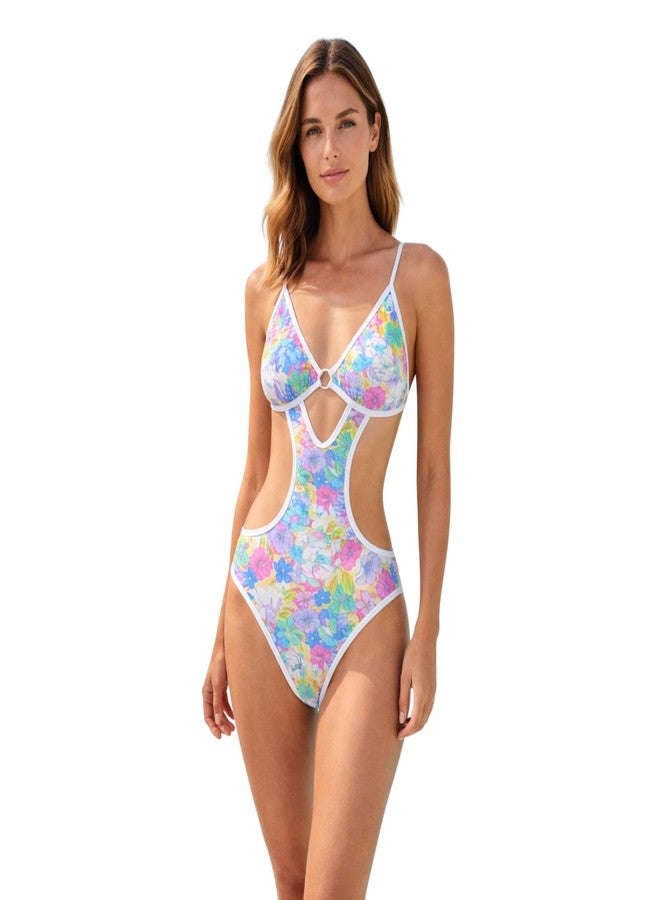 ZIBELL Floral Cutout One-Piece Swimsuit, Multicolor, Quick-Drying, Adjustable Straps, for Beach and Poolside (in, Alpha, L, Regular, Floral) - Image 1