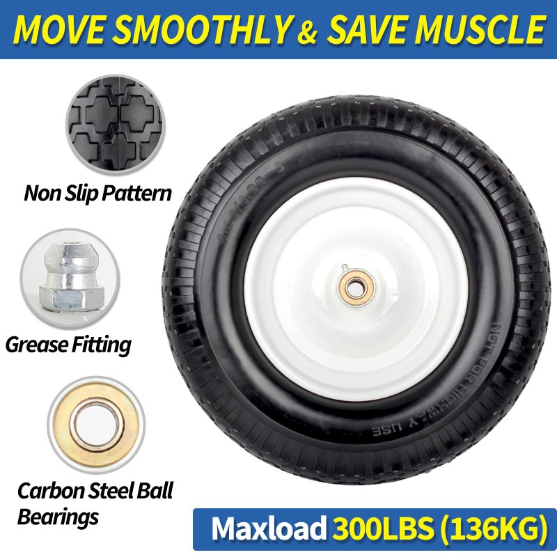 GICOOL 16" Flat-Free Solid Tire and Wheel, 4.80/4.00-8" Wheelbarrow Tire, 3" Centered Hub, 5/8" Axle Bore Hole,for Garden Wagon Cart Trolley Dolly Replacement(2 Pack) - Image 3
