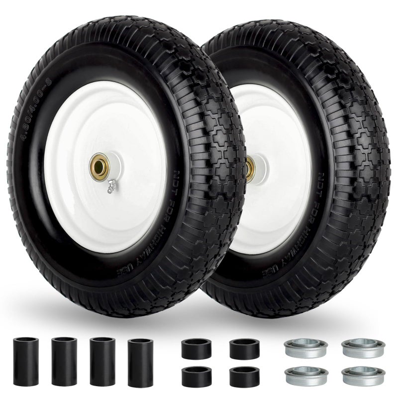 GICOOL 16" Flat-Free Solid Tire and Wheel, 4.80/4.00-8" Wheelbarrow Tire, 3" Centered Hub, 5/8" Axle Bore Hole,for Garden Wagon Cart Trolley Dolly Replacement(2 Pack) - Image 1