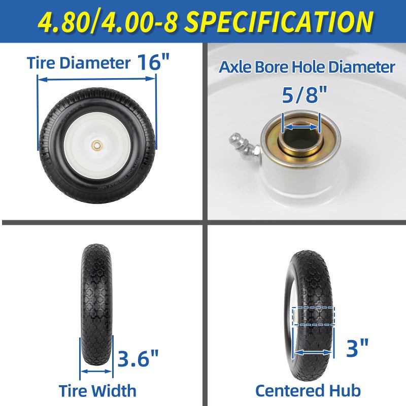 GICOOL 16" Flat-Free Solid Tire and Wheel, 4.80/4.00-8" Wheelbarrow Tire, 3" Centered Hub, 5/8" Axle Bore Hole,for Garden Wagon Cart Trolley Dolly Replacement(2 Pack) - Image 2