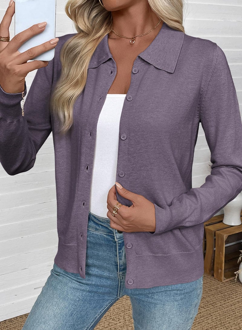 EVALESS Cardigan Sweaters for Women Lightweight Trendy Long Sleeve Lapel Collar Button Down Sweaters Spring 2026 Casual Soft Wool Blend Knit Cardigans Sweater Tops Purple Small - Image 2