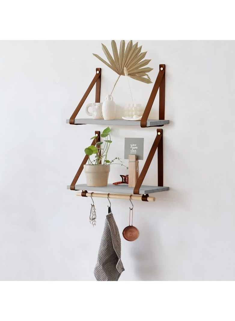 Home Gallery PU Brown Leather Strap Wall Floating Shelves Gray  - Image 1