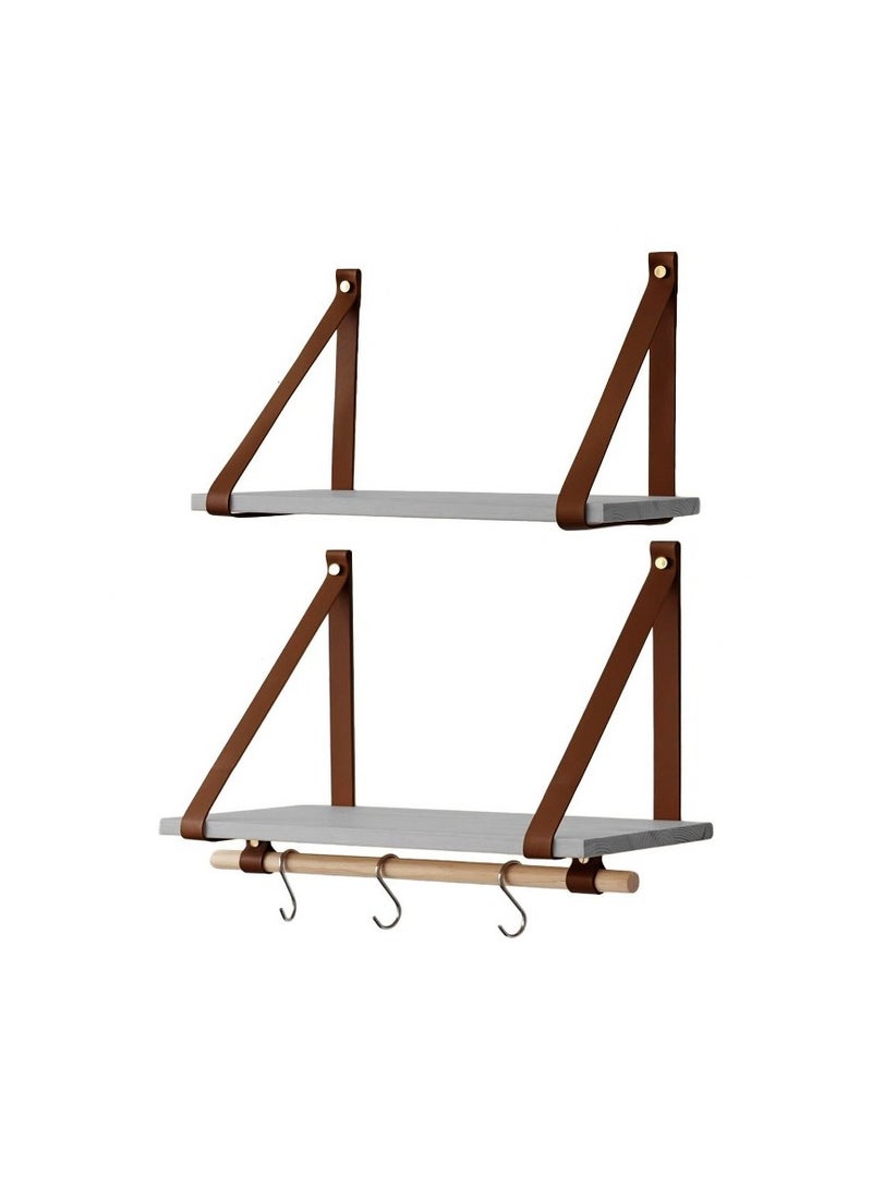 Home Gallery PU Brown Leather Strap Wall Floating Shelves Gray  - Image 2