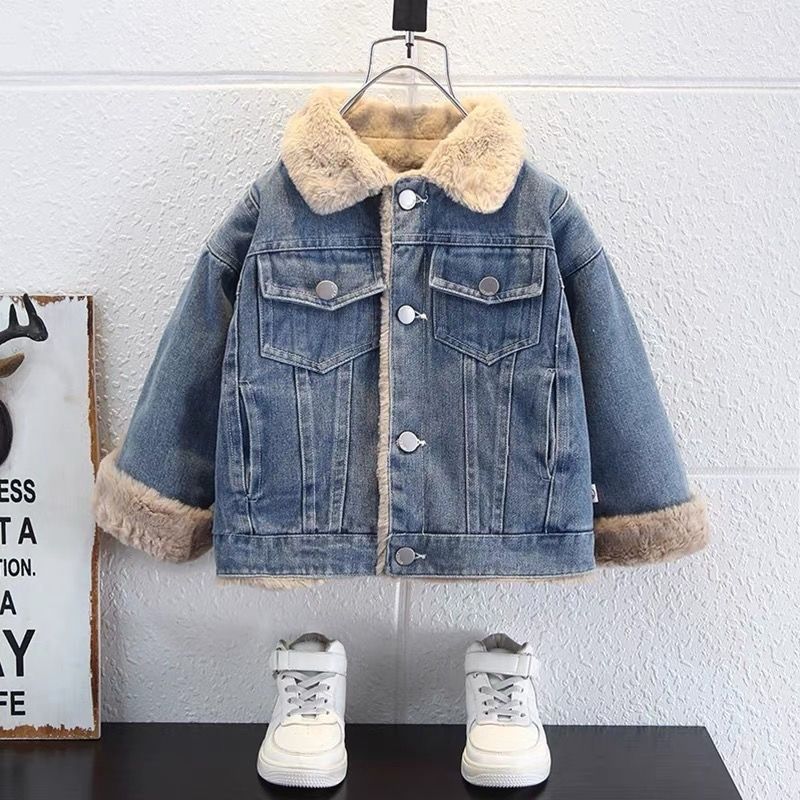 Children'S Korean-Style Denim Coat 2023 Winter Female Baby Lapel Long Thick Warm Fashionable Coat New - Image 1