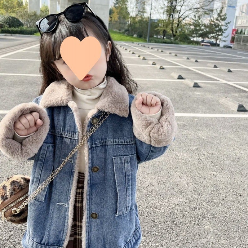 Children'S Korean-Style Denim Coat 2023 Winter Female Baby Lapel Long Thick Warm Fashionable Coat New - Image 2