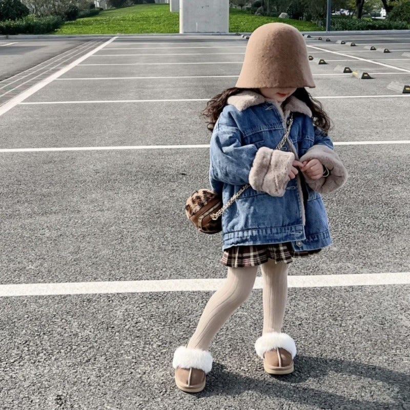 Children'S Korean-Style Denim Coat 2023 Winter Female Baby Lapel Long Thick Warm Fashionable Coat New - Image 4