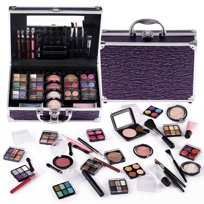 CHARMCODE Makeup Kit for Teen Girls  Women Full Kit Beauty Train Case with Starter Cosmetic Set Make Up Christmas Gift Box with EyeshadowLipglossHighlighterBlushLipEye PencilsBrush  MorePurple