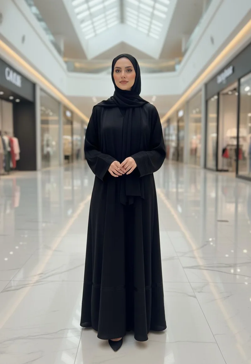 NUKHBAA Classic Black Abaya with Pleated Band Detail | Nida Fabric-809
