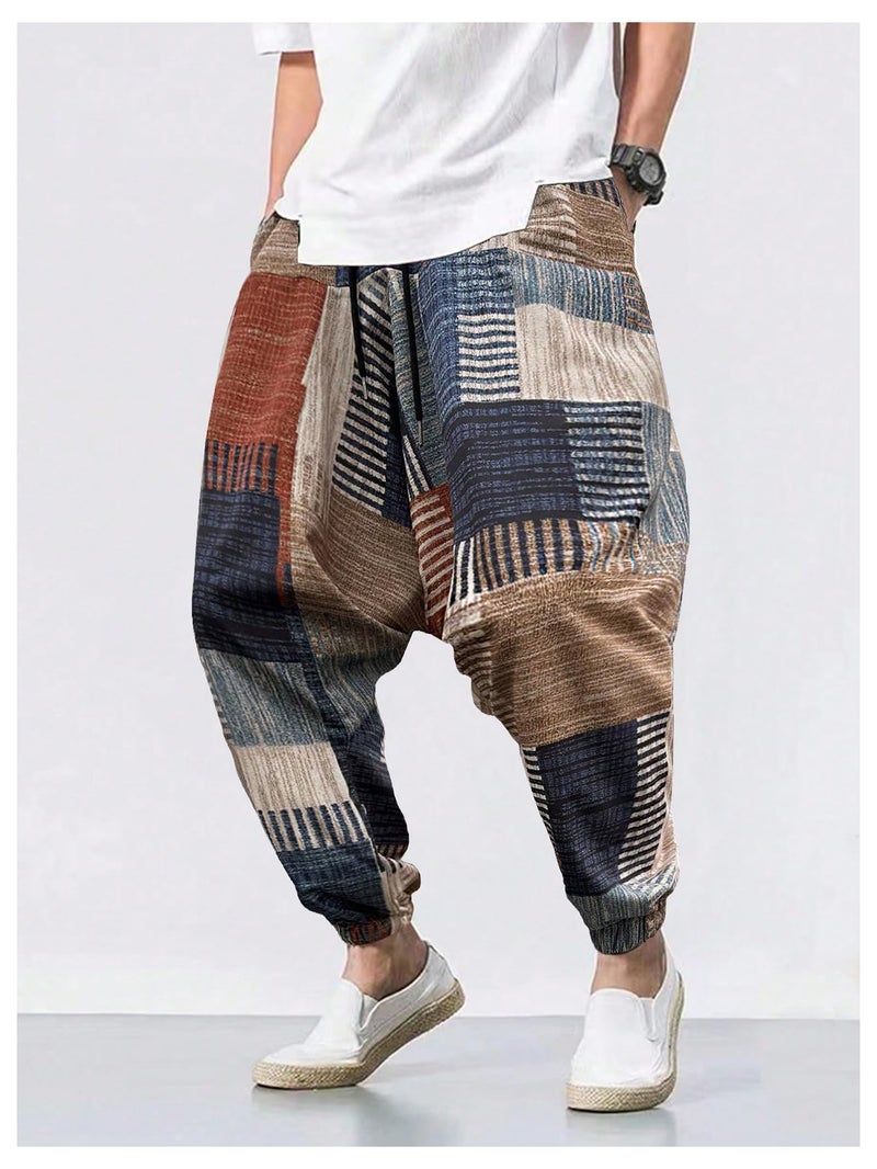 BEAUDRM Men's Color Patchwork Hippie Harem Pants Baggy Vintage Boho Pants Summer Beach Trousers Streetwear Multicolor Medium - Image 5
