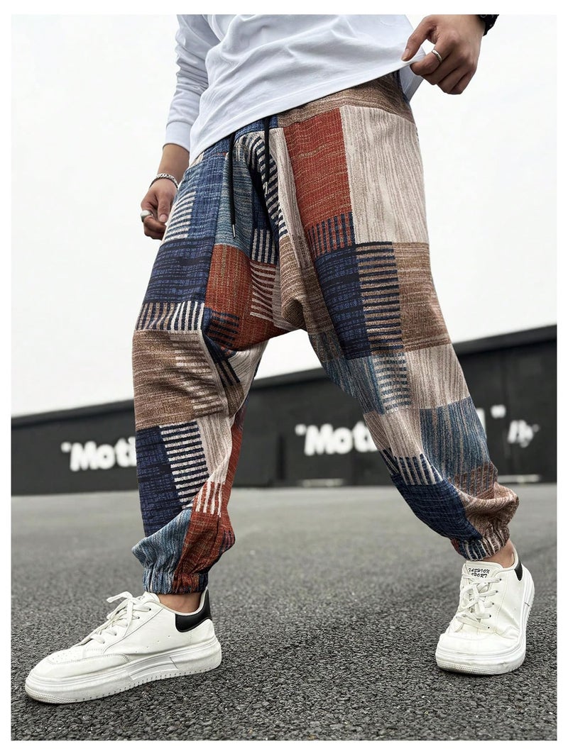 BEAUDRM Men's Color Patchwork Hippie Harem Pants Baggy Vintage Boho Pants Summer Beach Trousers Streetwear Multicolor Medium - Image 3