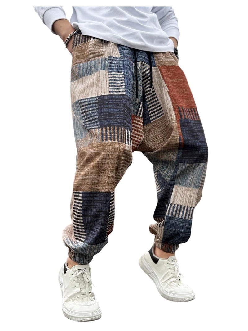 BEAUDRM Men's Color Patchwork Hippie Harem Pants Baggy Vintage Boho Pants Summer Beach Trousers Streetwear Multicolor Medium - Image 1