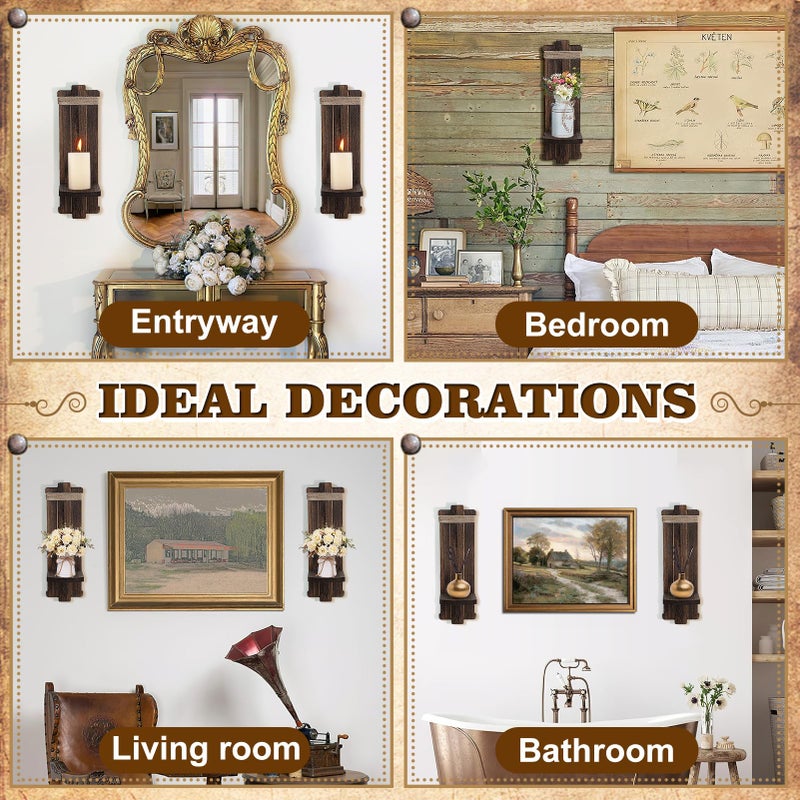Alphatool Farmhouse Wall Decor Candle Sconces - 2 Pcs Vintage Rustic Handmade Wooden Wall-Mount Candle Holders for Bedroom Living Room Bathroom Home Hanging Art Decorations Accessories Gifts, Brown - Image 5