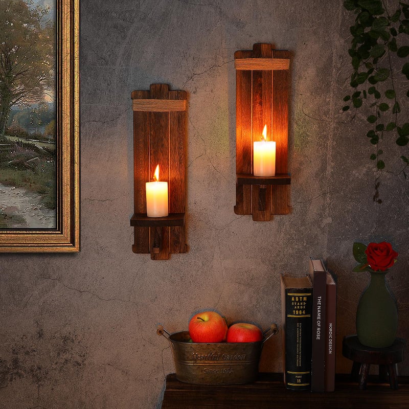 Alphatool Farmhouse Wall Decor Candle Sconces - 2 Pcs Vintage Rustic Handmade Wooden Wall-Mount Candle Holders for Bedroom Living Room Bathroom Home Hanging Art Decorations Accessories Gifts, Brown - Image 2