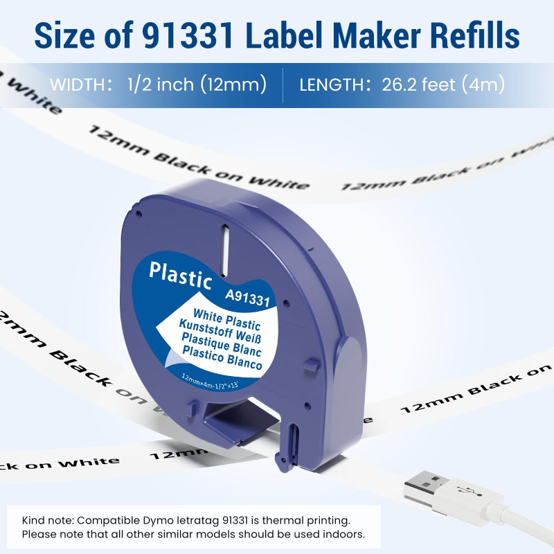 Labelife Label Maker Refills Compatible with DYMO LetraTag Refills White Plastic 1/2" x 13' 12mm x 4m 91331 LT Label Tape Refill Use for Dymo Letra Tag 200B LT-100H LT-100T Plus QX50 2000 - Image 3