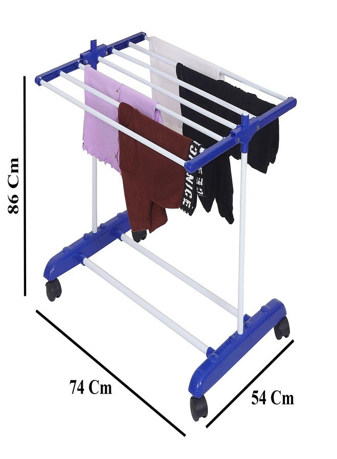 FLIPZON Premium Clothes Stand for Drying with Wheels | Portable | 1 Layer Rack for Balcony | Foldable Wings | 7 Hanger Rods | Alloy Steel & Plastic (White & Blue), 54 x 74 x 86 Cm | Small - Image 2