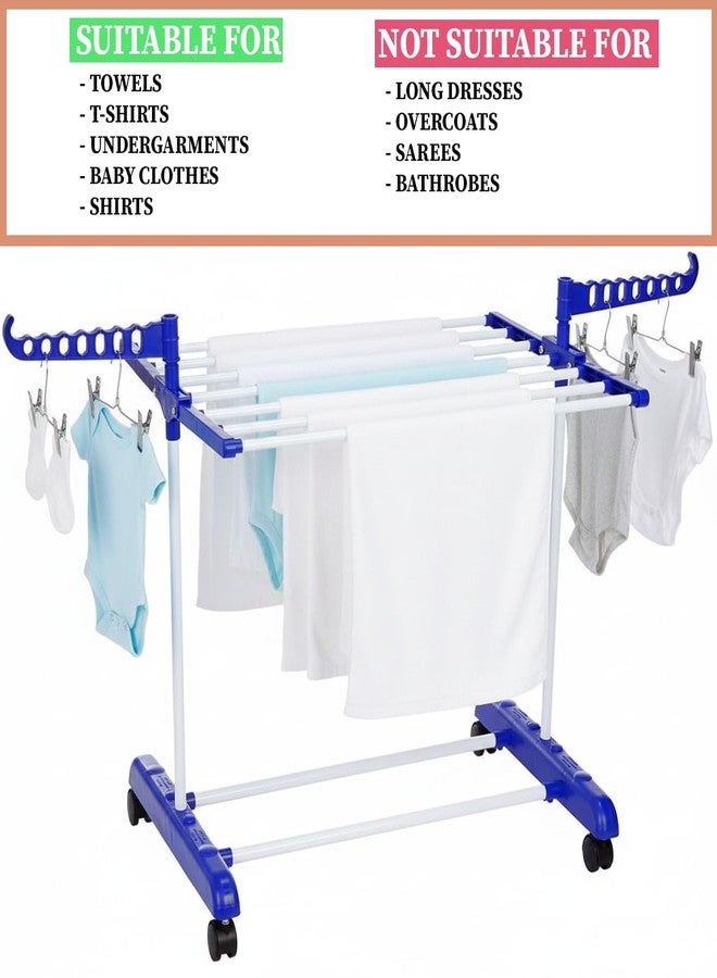 FLIPZON Premium Clothes Stand for Drying with Wheels | Portable | 1 Layer Rack for Balcony | Foldable Wings | 7 Hanger Rods | Alloy Steel & Plastic (White & Blue), 54 x 74 x 86 Cm | Small - Image 3