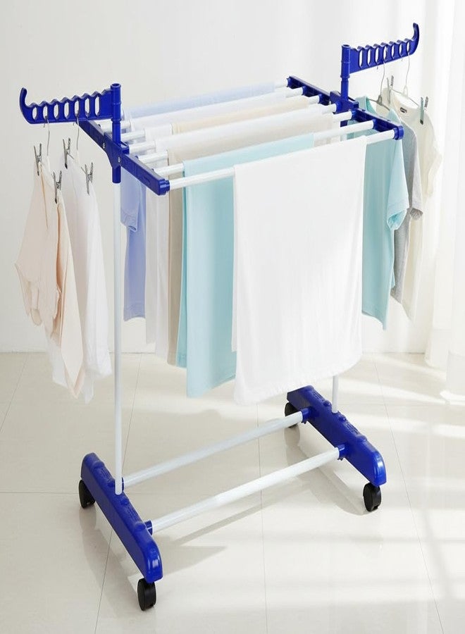 FLIPZON Premium Clothes Stand for Drying with Wheels | Portable | 1 Layer Rack for Balcony | Foldable Wings | 7 Hanger Rods | Alloy Steel & Plastic (White & Blue), 54 x 74 x 86 Cm | Small - Image 1