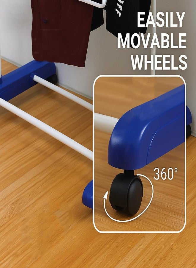 FLIPZON Premium Clothes Stand for Drying with Wheels | Portable | 1 Layer Rack for Balcony | Foldable Wings | 7 Hanger Rods | Alloy Steel & Plastic (White & Blue), 54 x 74 x 86 Cm | Small - Image 4