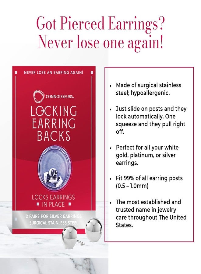 Connoisseurs Locking Earring Backs - 2 Pairs - Compatible with Most Silver Earrings - Fits 0.5-1mm Diameter Posts - Hypoallergenic - Image 2