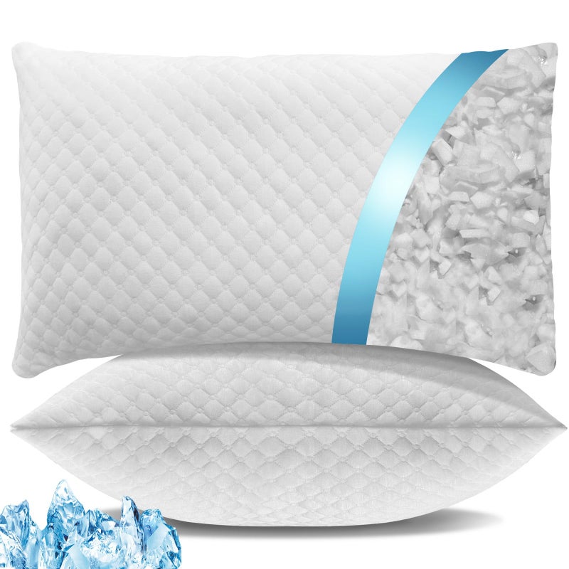 Shredded Memory Foam Bed Pillows Standard Size Set of 2 Cooling Pillows for Side Back and Stomach Sleepers Washable Removable Cover