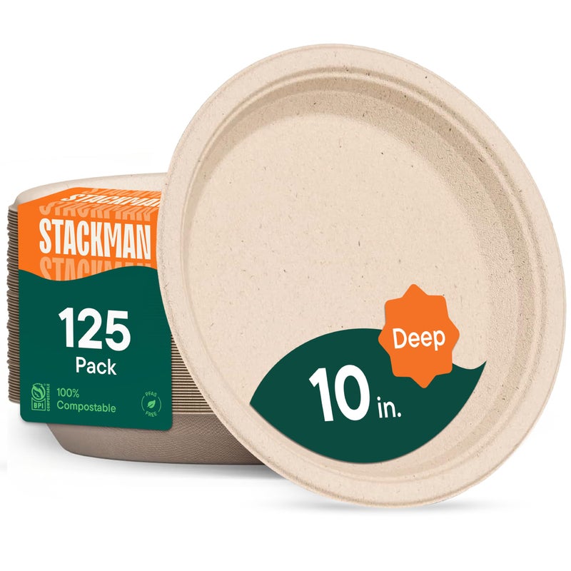 Deep Dish Paper Plates Heavy Duty Disposable Dinner Plates 125Pack 10 Inch Plates  100 Compostable EcoFriendly Biodegradable Sugarcane Bagasse Natural Brown 10 9 Deep