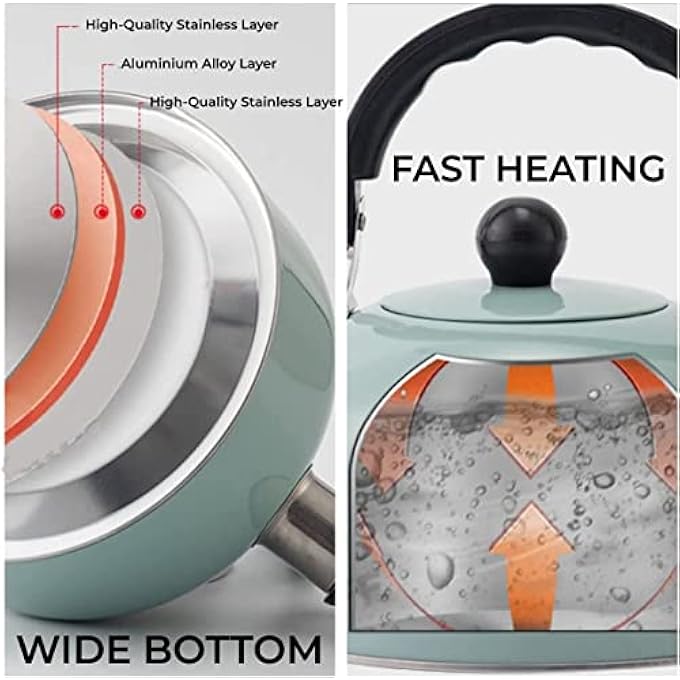 ريحني غلاية شاي سعة 3 لتر مصنوعة من الفولاذ المقاوم للصدأ بدرجة طعام، غلاية صفير بمقبض مريح، إبريق شاي عتيق أنيق بقاعدة مركبة - Image 3