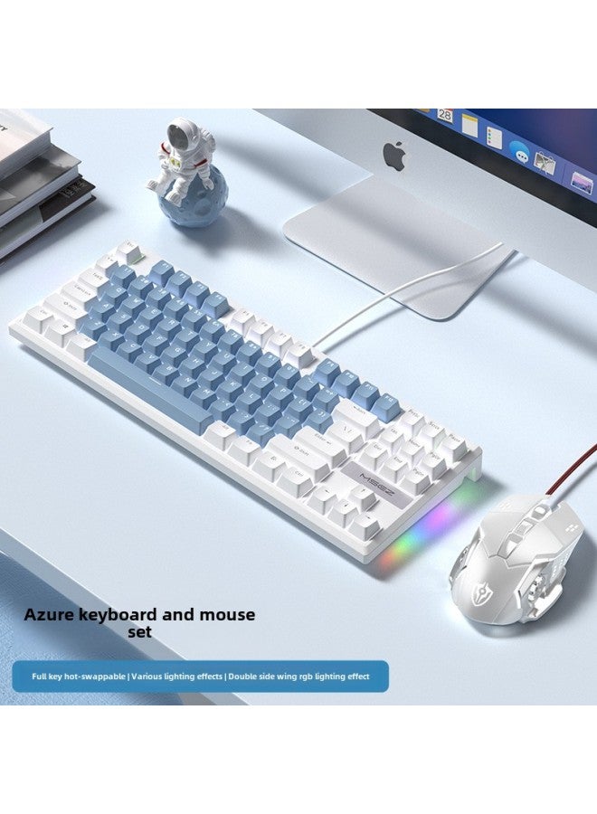 87 Mechanical Keyboard Mouse Suit Wired Green Axis Girls' E-sports Game Computer Office Full Key Hot Plug-Colour:Brown Switch - Azure  + Gaming Mouse - Official Standard  - Image 1