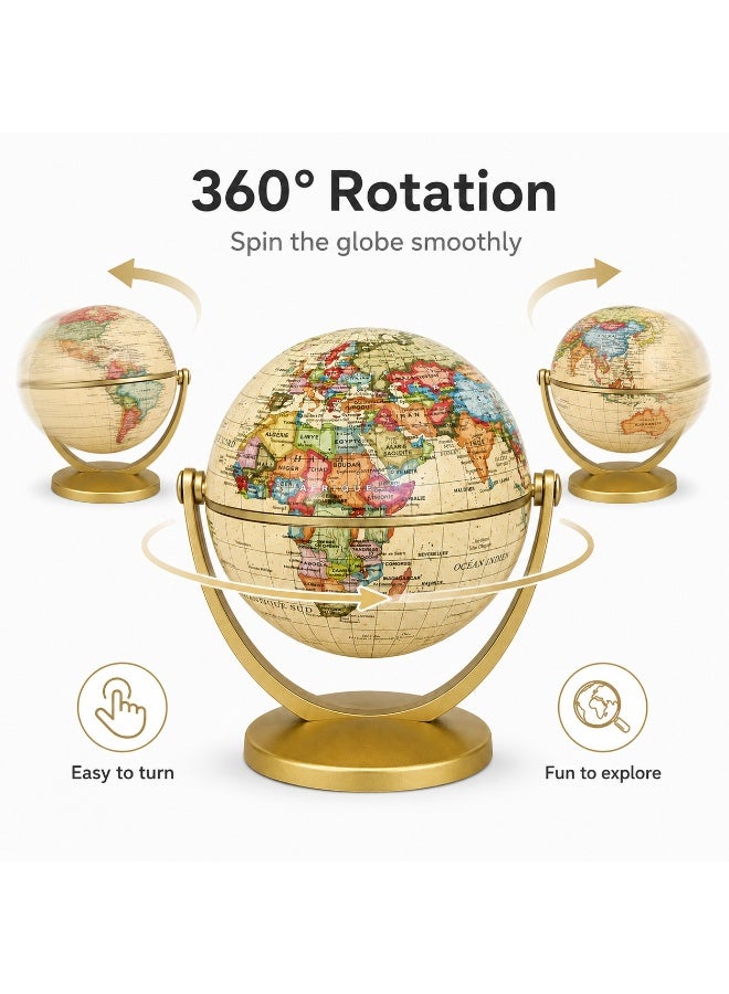 تانياز كرة أرضية مكتبية، ديكور خريطة العالم بتصميم كلاسيكي، كرة أرضية دوارة 360 درجة، قاعدة ذهبية، قطعة ديكور مثالية لغرفة الدراسة أو المكتب النقاط الرئيسية - Image 4