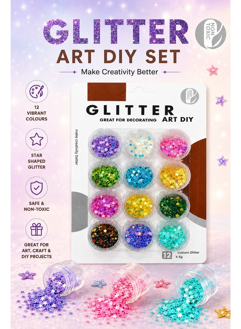 Glitter Art DIY Set 12 Colors x 6g Star Shaped Glitter for Decorating, Nail Art, Resin Art, Handmade Cards, Craft Projects & DIY Decor - Image 3
