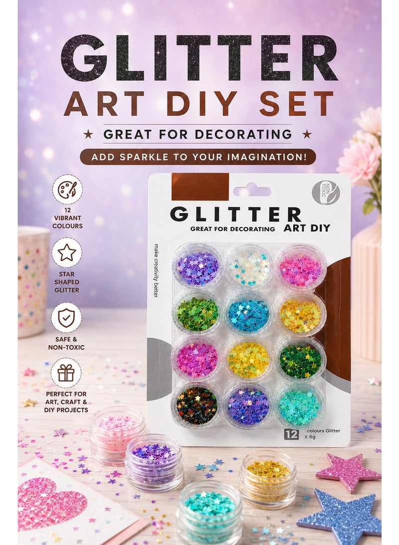 Glitter Art DIY Set 12 Colors x 6g Star Shaped Glitter for Decorating, Nail Art, Resin Art, Handmade Cards, Craft Projects & DIY Decor - Image 4
