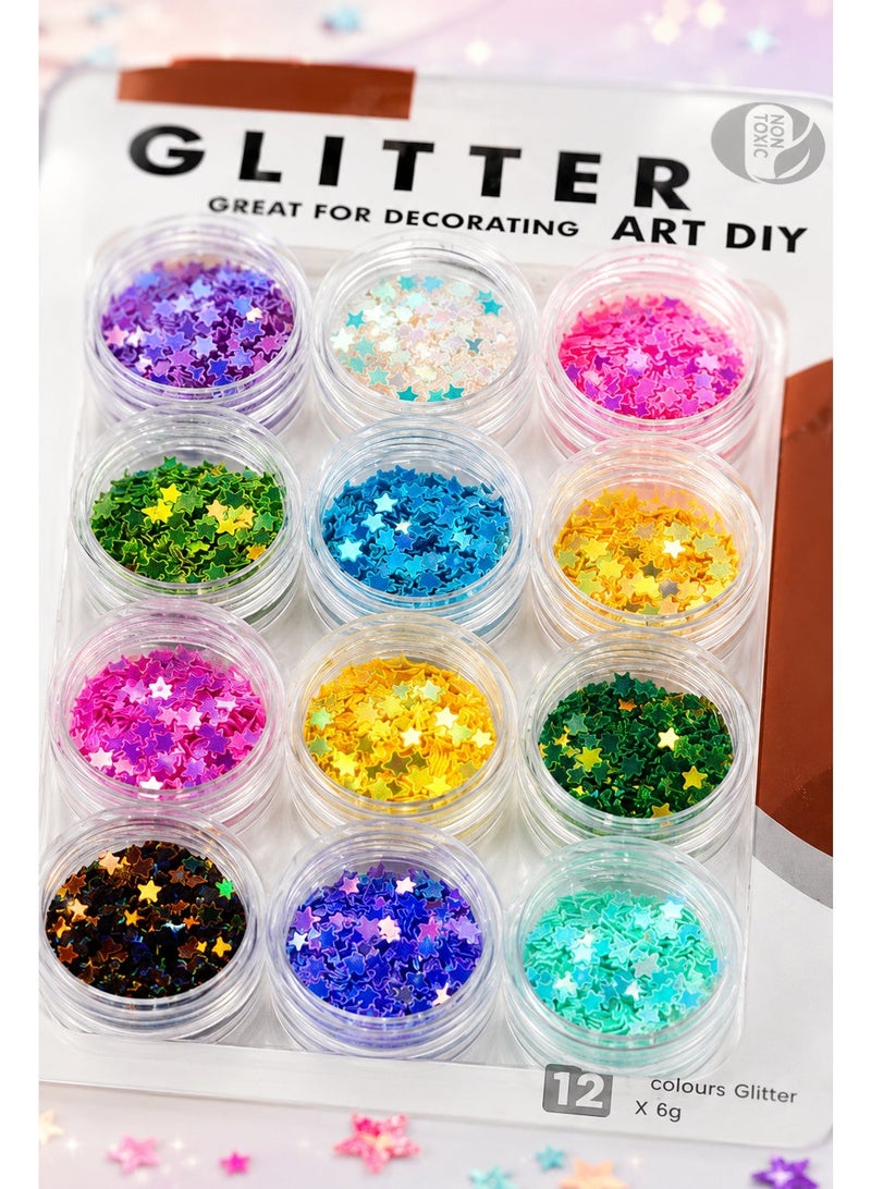 Glitter Art DIY Set 12 Colors x 6g Star Shaped Glitter for Decorating, Nail Art, Resin Art, Handmade Cards, Craft Projects & DIY Decor - Image 2