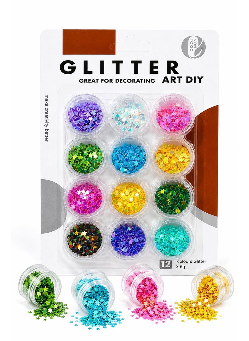 Glitter Art DIY Set 12 Colors x 6g Star Shaped Glitter for Decorating, Nail Art, Resin Art, Handmade Cards, Craft Projects & DIY Decor - Image 1
