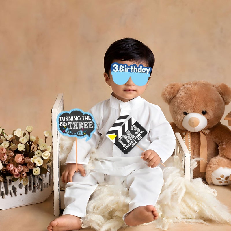 WOBBOX WOBBOX Third Birthday Photo Booth Party Props Blue for Baby Boy, 3rd Birthday Decorations for Boys, Kids Birthday Party Decoration Items - Image 2