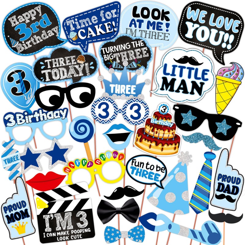 WOBBOX WOBBOX Third Birthday Photo Booth Party Props Blue for Baby Boy, 3rd Birthday Decorations for Boys, Kids Birthday Party Decoration Items - Image 1