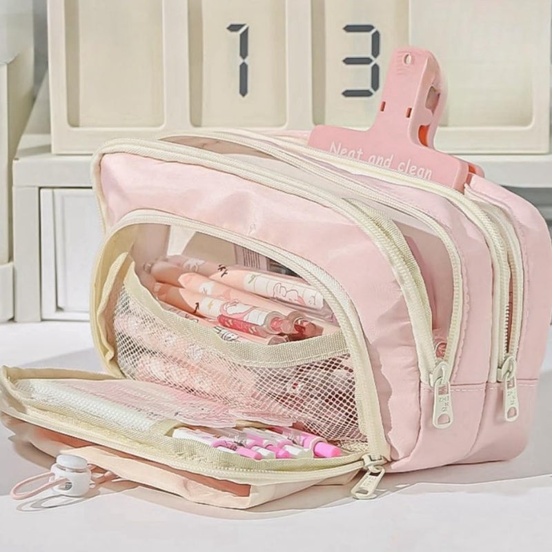 Vobomo Pencil Case Big Capacity Pen Holder Large Opening Pencil Pouch Box Cute Aesthetic Drawstring Pen Case (Strawberry Pink) - Image 2