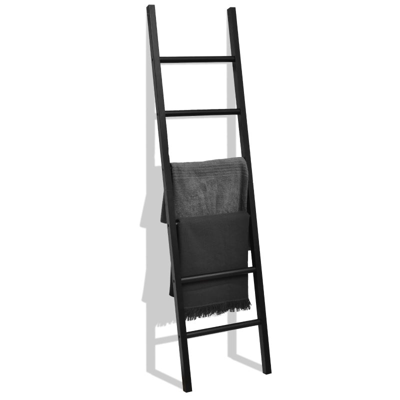 FUIN 6ft Wooden Black Blanket Ladder Living Room Decorative Wall Leaning Farmhouse Quilt Display Holder Rustic Wood Towel Rack for Bathroom