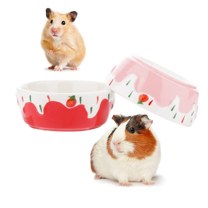 DQITJ 2 Pcs Hamster Ceramic Bowl, Small Animals Anti-Turning Food Water Bowl for Rabbit Hamster Guinea Pig Hedgehog Squirrel (Pink and Red) - Image 1