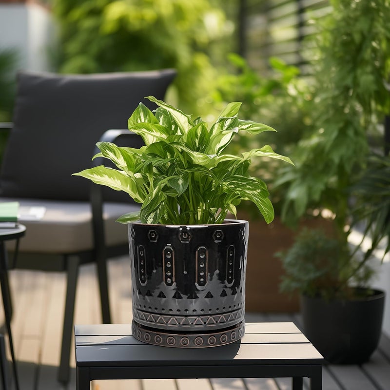 Eightpot Ceramic Planter for Indoor Plants - 10 Inch Plant Pots with Drainage Hole and Saucer, Round Decorative Flower Pots Outdoor, Boho Large Planter, Room Decor, House Warming Gifts, Black - Image 5