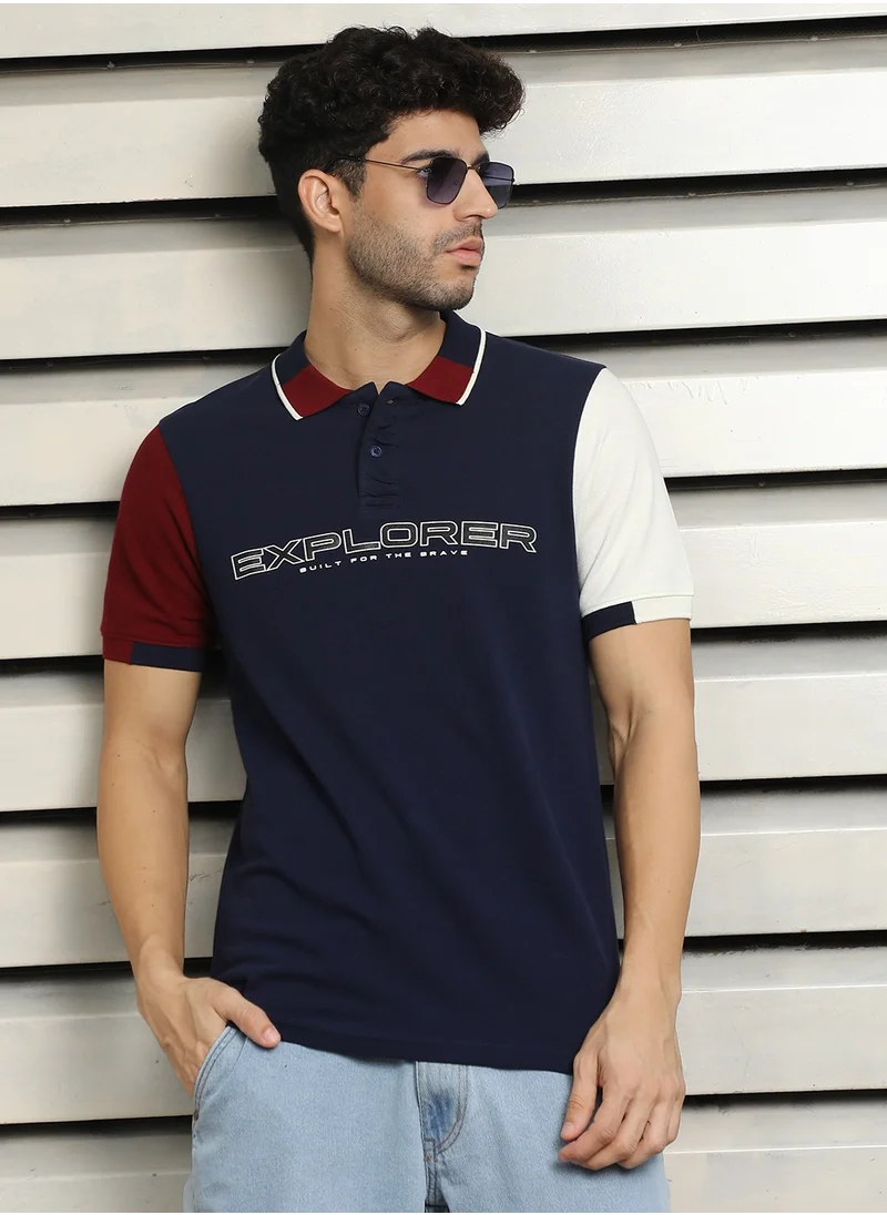 هاي ستار Men's Navy Polo Collar Typographic Colorblocked T-Shirt