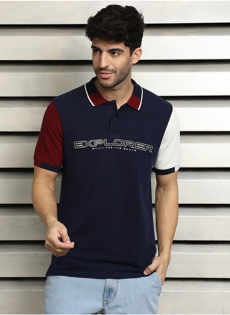 HIGH STAR Men's Navy Polo Collar Typographic Colorblocked T-Shirt  - Image 2