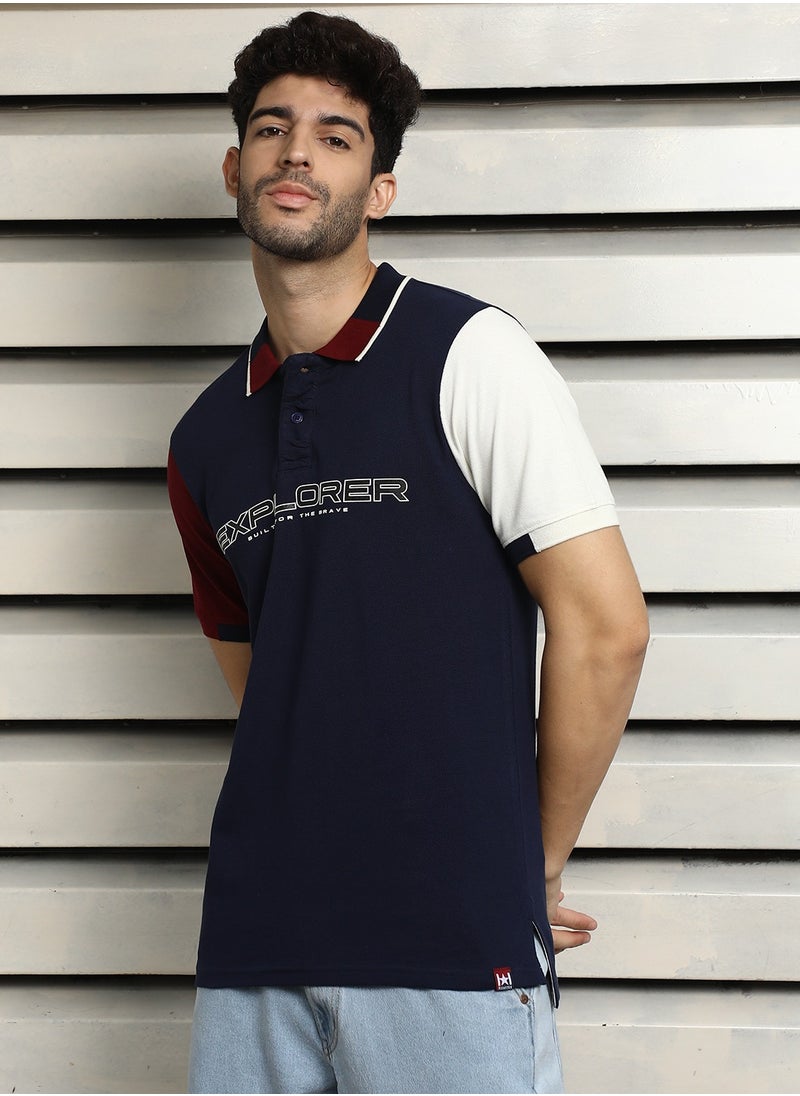 HIGH STAR Men's Navy Polo Collar Typographic Colorblocked T-Shirt  - Image 3