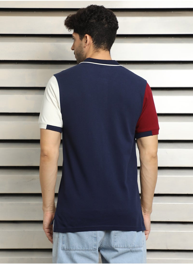 HIGH STAR Men's Navy Polo Collar Typographic Colorblocked T-Shirt  - Image 5