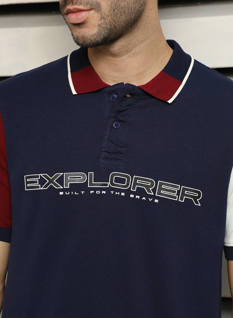 HIGH STAR Men's Navy Polo Collar Typographic Colorblocked T-Shirt